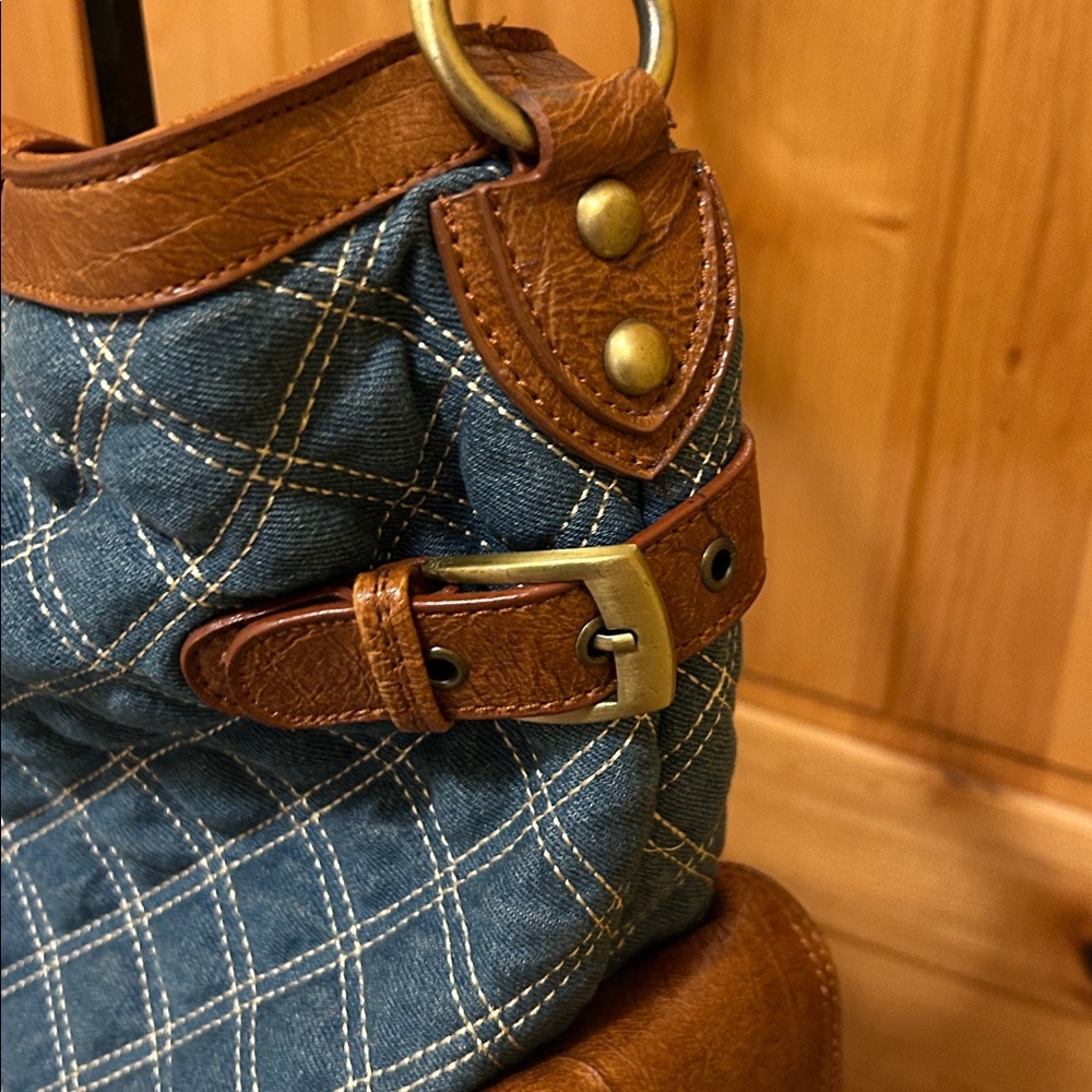 Denim and Faux Leather Diamond Stitched Hobo Style Bag - Picture 11 of 15